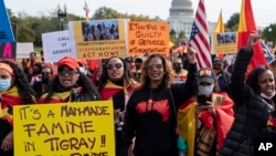 FILE —Members of the Tigrayan diaspora and their supporters march at the U.S. Capitol, Nov. 4, 2021, in Washington. In 2023 urgently needed grain and oil disappeared for millions caught in what international officials said may have been the biggest theft of food aid on record.