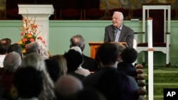 FILE - Former U.S. President Jimmy Carter teaches Sunday school at Maranatha Baptist Church in Plains, Georgia, Nov. 3, 2019. 