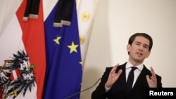 FILE - Austria's Chancellor Sebastian Kurz holds a news conference following the exchange of gunfire later ruled a terror attack, in Vienna, Austria, Nov. 3, 2020.