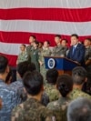 FILE - South Korean President Yoon Suk Yeol gives remarks aboard the aircraft carrier USS Theodore Roosevelt in Busan, South Korea, June 25, 2024, as the newly inaugurated Freedom Edge exercise was wrapping up in the East China Sea. (U.S. Navy via AP)