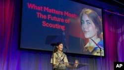 Selby Chipman, 20, speaks to the Boys Scouts of America annual meeting in Orlando, Fla., May 7, 2024. Chipman, a student at the University of Missouri, is an inaugural female Eagle Scout and the assistant scoutmaster for an all girls troop 8219 in Oak Ridge, N.C. 