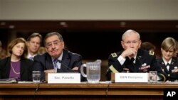 Outgoing Defense Secretary Leon Panetta, and Joint Chiefs Chairman Gen. Martin Dempsey, testify on Capitol Hill, Washington, Feb. 7, 2013.