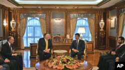 Secretary of State Mike Pompeo, center left, meets with Nechirvan Barzani, outgoing Prime Minister of Iraq's autonomous Kurdistan Regional Government (KRG), in the province's capital Erbil, Iraq, during a Middle East tour, Wednesday, Jan. 9, 2019.