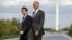 FILE - U.S. President Barack Obama and Japanese Prime Minister Shinzo Abe visit the Lincoln Memorial in Washington, with Washington Monument in the background, April 27, 2015.