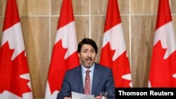 쥐스탱 트뤼도 캐나다 총리가 19일 오타와에서 기자회견을 열고 있다. 