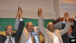 Campaigning opposition candidates (Left to Right) Negaso Gidada, Gizachew Shiferaw, Gebru Asrat and Siye Abraha