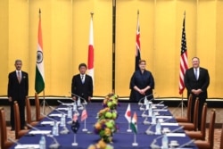 미국과 일본, 인도, 호주 외무장관이 지난 6일 일본 도쿄에서 4개국 '쿼드' 회의를 열었다. 왼쪽부터 수브라마냠 자이샨카르 인도 외무장관과 모테기 토시미츠 일본 외무상, 마리스 페인 호주 외무장관, 마이크 폼페오 미국 국무장관.