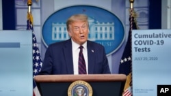 President Donald Trump speaks during a news conference at the White House, Tuesday, July 21, 2020, in Washington. (AP Photo/Evan Vucci)