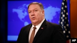 FILE - Secretary of State Mike Pompeo speaks at a news conference, April 8, 2019, at the U.S. State Department in Washington.