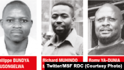 Phillipe Bundya, Richard Muhindo Matabisihi mpe Romy Ya-Dunia Ntibanyendera, basali basatu ya MSF bakangema banda le 11 juillet 2013 na basimba minduki. (Twitter/MSF RDC)