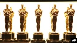 Oscar statuettes sit backstage at the Oscars, Feb. 26, 2017, at the Dolby Theatre in Los Angeles.