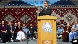 Jonathan Nez addresses a crowd after he's sworn in as president of the Navajo Nation on Tuesday, Jan. 15, 2019 in Fort Defiance, Ariz. 