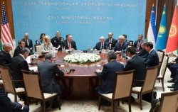 U.S. Secretary of State Mike Pompeo, center left, chairs the C5+1 ministerial meeting in Tashkent, Uzbekistan, Feb. 3, 2020.