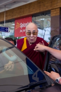 Tibetan spiritual leader The Dalai Lama arrives at Gaggal Airport in Kangra, April 26, 2019. The Dalai Lama was discharged from a New Delhi hospital three days after being admitted with a chest infection.