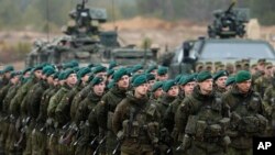 FILE - Lithuanian soldiers are seen during exercises in Pabrade, some 60 km (38 miles) north of the capital Vilnius, Lithuania, Nov. 13, 2014.