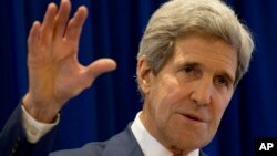 U.S. Secretary of State John Kerry gestures as he speaks during a press briefing concluding his visit to Neypyitaw to participate 47th Association of Southeast Asian Nations (ASEAN) Foreign Ministers meeting and 21st ASEAN Regional forum (ASEAN) in Naypyi