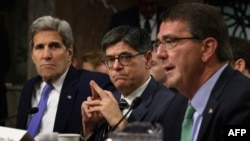 From left, Secretary of State John Kerry, Treasury Secretary Jacob Lew and Defense Secretary Ashton Carter testify before the Senate Armed Services Committee about the Iran nuclear deal on Capitol Hill, July 29, 2015.