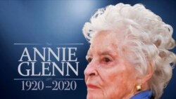 ANNIE GLENN headshot, widow of former astronaut and Senator John Glenn, on texture with 1920-2020 lettering, finished graphic