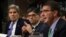 From left, Secretary of State John Kerry, Treasury Secretary Jacob Lew and Defense Secretary Ashton Carter testify before the Senate Armed Services Committee about the Iran nuclear deal on Capitol Hill, July 29, 2015.
