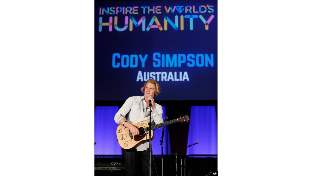 Australian singer/songwriter Cody Simpson performs at the #ShareHumanity event, celebrating World Humanitarian Day at the United Nations in New York, August 18, 2015.