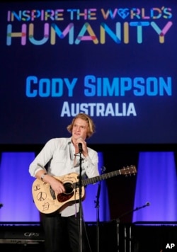 Australian singer/songwriter Cody Simpson performs at the #ShareHumanity event, celebrating World Humanitarian Day at the United Nations in New York, August 18, 2015.