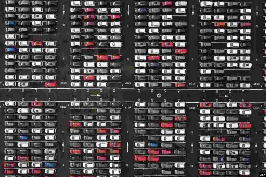 An aerial view shows lines of new Honda cars parked up at the Royal Portbury Dock in Avonmouth, near Bristol in south-west England. The absence of a Brexit deal would alter the once almost seamless trade between the UK and the EU.