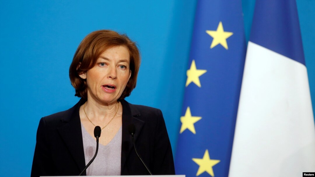 FILE - French Minister of the Armed Forces Florence Parly makes an official statement in the press room at the Elysee Palace, in Paris, Apr. 14, 2018. 