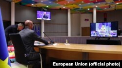 Президент Європейської ради Шарль Мішель під час відеонаради керівників країн ЄС 19 листопада 2020 р.