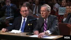 Brian Patton, president of the James River Coal Company, testifies alongside U.S. Sen. Mitch McConnell. Both represent coal interests in Kentucky. (A. Greenbaum/VOA)