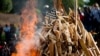 FILE - A pile of about 2,000 illegally trafficked elephant tusks and hundreds of finished ivory products are disposed of in a burning of poached wildlife goods, in Yaounde, Cameroon, April 19, 2016. 