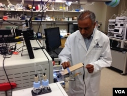 Dr. Akhilesh Pandey uses a mass spectrometer to analyze proteins from fetal cells. (Credit: Julie Taboh)