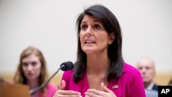 U.S. Ambassador to the United Nations Nikki Haley testifies to the House Foreign Affairs Committee on "Advancing U.S. Interests at the United Nations" in Washington, June 28, 2017.