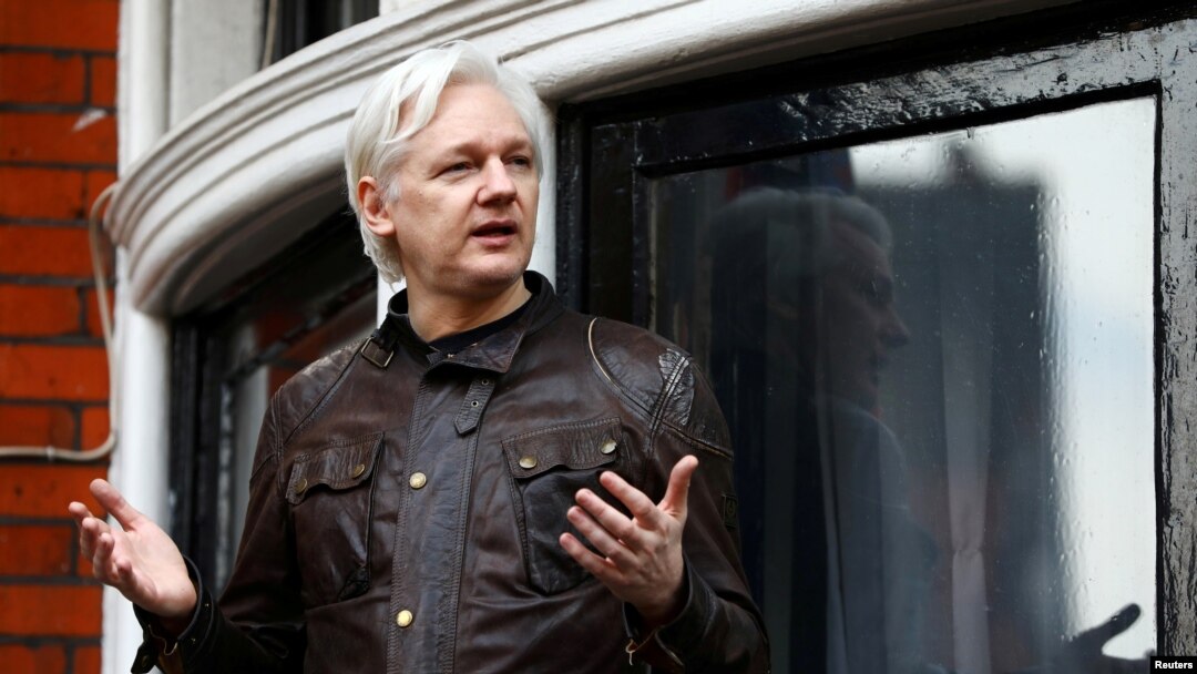 FILE - WikiLeaks founder Julian Assange is seen on the balcony of the Ecuadorian Embassy in London, Britain, May 19, 2017. 