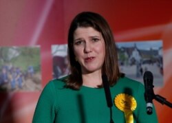Liberal Democrats candidate Jo Swinson speaks after losing her seat in East Dunbartonshire constituency, at a counting center for Britain's general election in Bishopbriggs, Britain, Dec. 13, 2019.