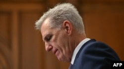FILE - U.S. Representative Kevin McCarthy, a Republican from California, speaks during a press conference at the Capitol in Washington on Oct. 9, 2023. McCarthy, the one-time speaker of the U.S. House of Representatives, announced on Dec. 6 that he would resign from Congress.