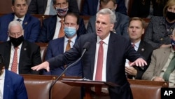 In this image from House Television, House Minority Leader Kevin McCarthy of Calif., speaks on the House floor during debate on the Democrats' expansive social and environment bill at the U.S. Capitol on Nov. 18, 2021, in Washington.