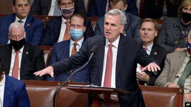 In this image from House Television, House Minority Leader Kevin McCarthy of Calif., speaks on the House floor during debate on the Democrats' expansive social and environment bill at the U.S. Capitol on Nov. 18, 2021, in Washington.