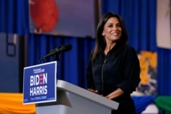 Actress Eva Longoria speaks during a Hispanic Heritage Month event featuring Democratic presidential candidate former Vice President Joe Biden, Tuesday, Sept. 15, 2020, at Osceola Heritage Park in Kissimmee, Fla.