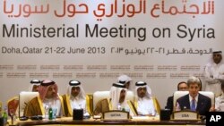 Khalid al-Attiyah, left, Qatari acting minister of business and trade, and Qatari Prime Minister and Foreign Minister Hamad bin Jassim, listen as U.S. Secretary of State John Kerry speaks during a meeting of the London 11 "Friends of Syria" meeting in Doha, Qatar, June 22, 2013. 