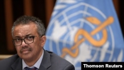 World Health Organization Director-General Tedros Adhanom Ghebreyesus attends a news conference in Geneva