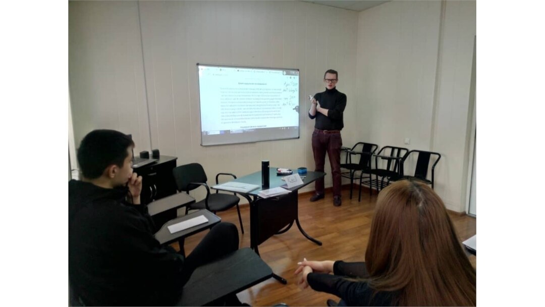 Carl Liles teaches a class in Bishkek, Kyrgyzstan, before the coronavirus pandemic shut down the Fulbright program. (Courtesy photo)