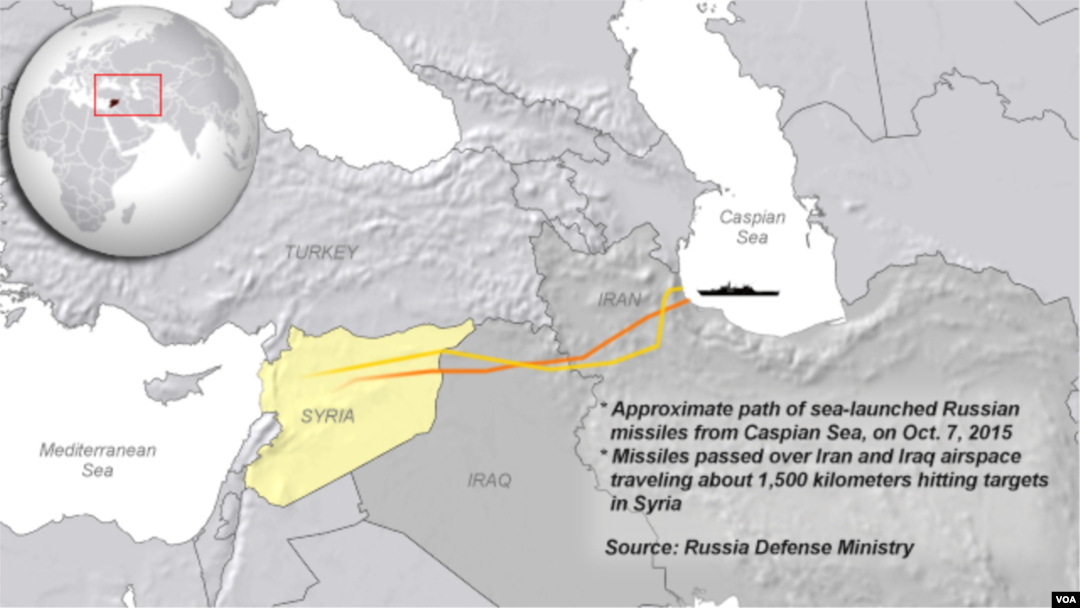 FILE - Russia launches missiles from Caspian Sea, Oct. 7, 2015.