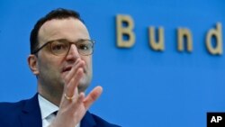 German Health Minister Jens Spahn addresses a press conference in Berlin to inform on the current situation of the coronavirus (Covid-19) pandemic in Germany, April 23, 2021.