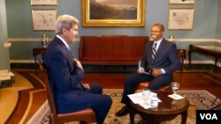 Secretary of State John Kerry is interviewed by VOA reporter Vincent Makori Monday, April 28, 2014 at the State Department.