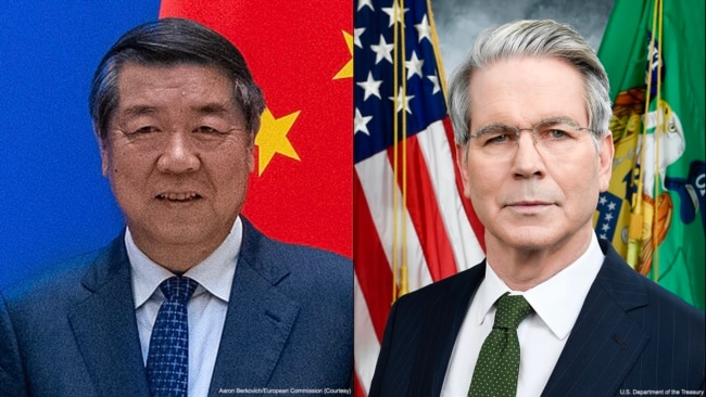 中国国务院副总理何立峰(左), 美国财政部长贝森特