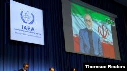 알리 아크바르 살레히 이란원자력기구 대표가 21일 오스트리아 빈에서 열린 국제원자력기구(IAEA) 총회에서 화상 연설을 했다.