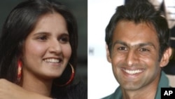 In this combination of two file photos, Indian tennis player Sania Mirza at a press conference in Hyderabad, India, Feb. 4, 2008, left, and Pakistani cricket captain Shoaib Malik at a press conference in Karachi, Pakistan on Jan. 19, 2009, are shown. Mali