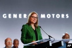 FILE - Chief Executive Officer Mary Barra speaks during the opening of contract talks with the United Auto Workers on July 16, 2019, in Detroit. (AP Photo/Paul Sancya, File)