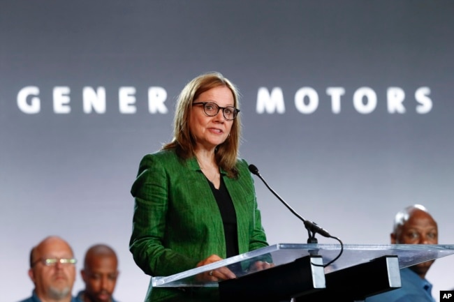 FILE - Chief Executive Officer Mary Barra speaks during the opening of contract talks with the United Auto Workers on July 16, 2019, in Detroit. (AP Photo/Paul Sancya, File)