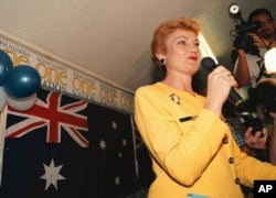 FILE - Australian Senator Pauline Hanson.
